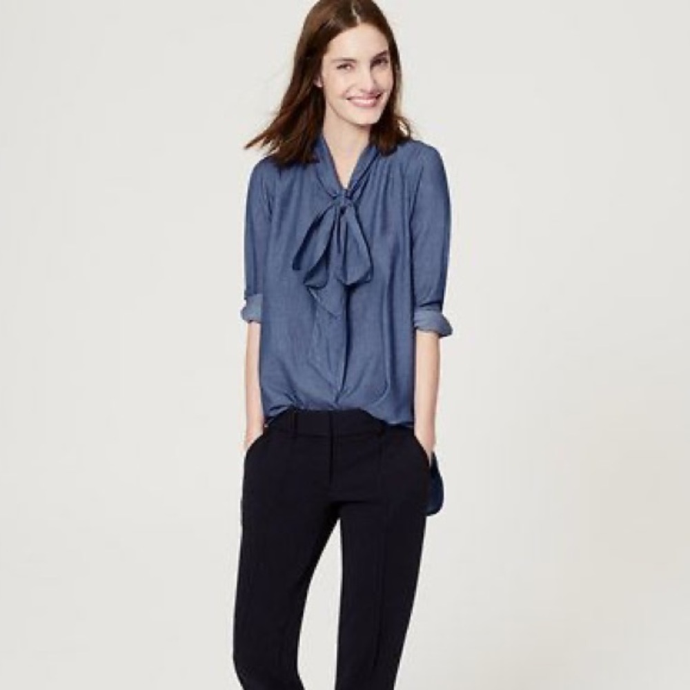 LOFT Blue Blouse with Bow Detail